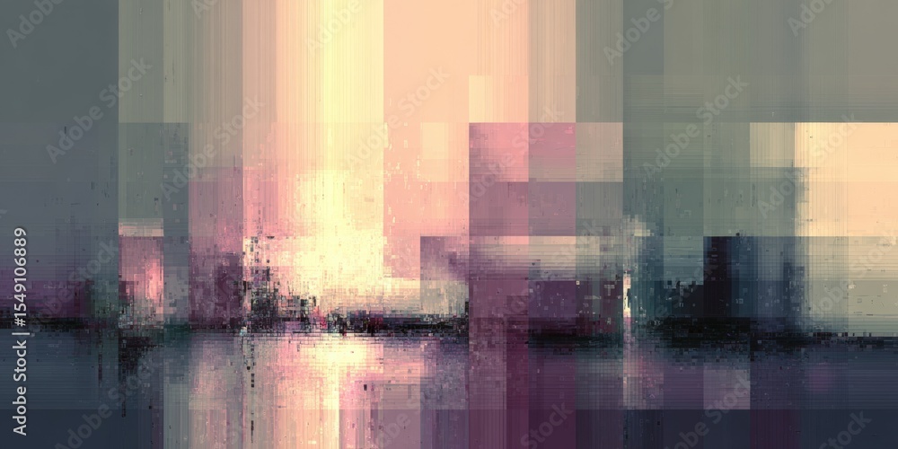 Poster abstract digital art with colorful pixelated cityscape and glowing light effects