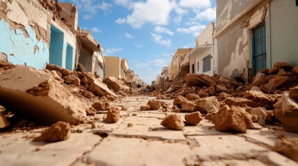 A street lined with severely damaged buildings and debris depicts the aftermath of a powerful earthquake, highlighting its destructive impact on urban life and infrastructure.