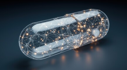 A digital representation of a pill on a network background symbolizes ai-driven precision medicine.