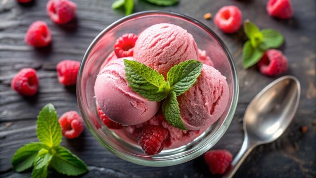 Delicious raspberry sorbet scoops in a glass bowl with fresh mint and raspberries - Powered by Adobe