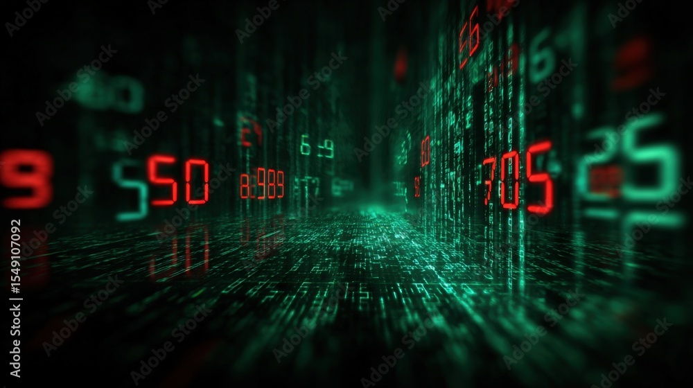Poster futuristic digital stock market data visualization with glowing numbers and effects