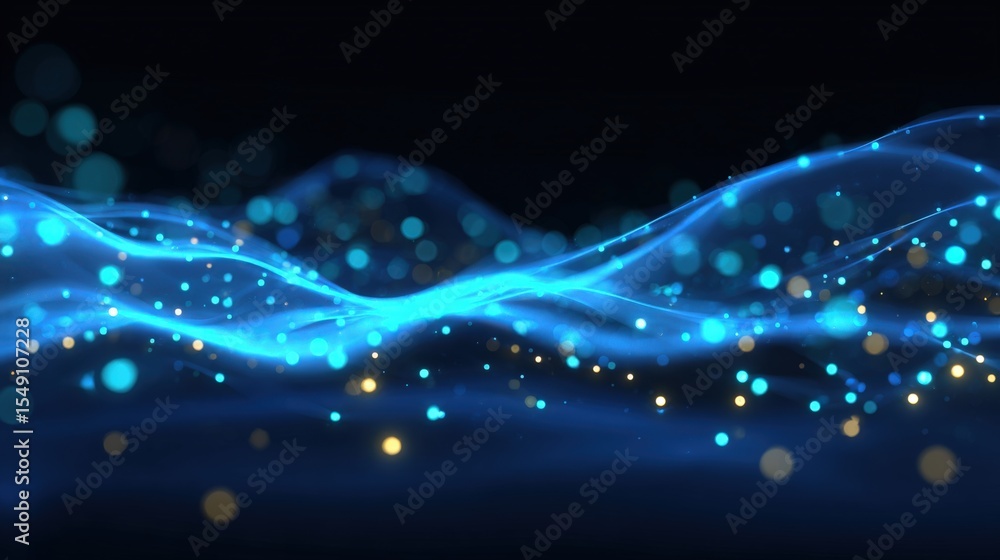 Poster abstract flowing blue light waves with glowing particles and dynamic energy