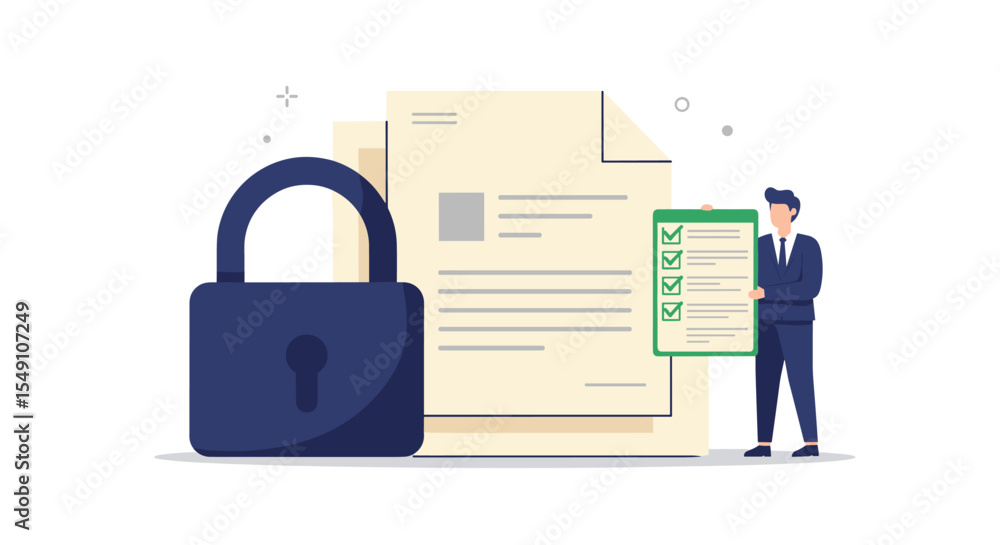 Poster secure data management concept with lock symbol and document checklist for digital safety design vec