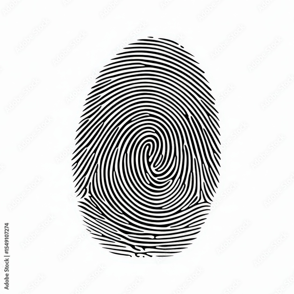 Poster close-up of a detailed black and white fingerprint scan with intricate lines and textures