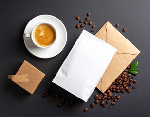 Opakowanie kawy ziarnistej z filiżanką espresso, flat lay na czarnym tle