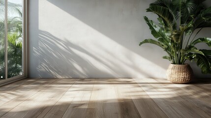 A bright and airy room featuring a large potted plant, sunlight streaming through a window, creating a serene environment perfect for relaxation and inspiration.