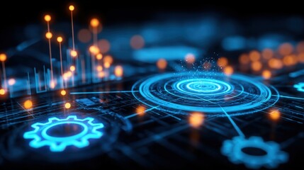 Futuristic Digital Interface with Data Visualization and Technological Elements