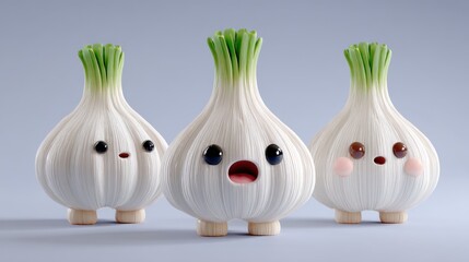 Cute garlic characters with expressive faces and variations on a neutral background