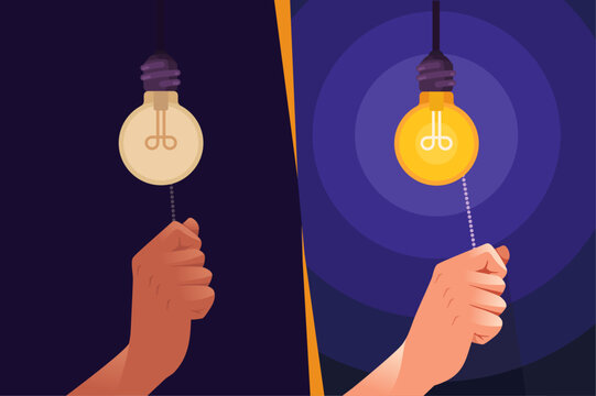 Vector illustration of a hand pulling a string to turn on a light bulb, showing before and after lighting. Concept of idea, transformation, or inspiration.