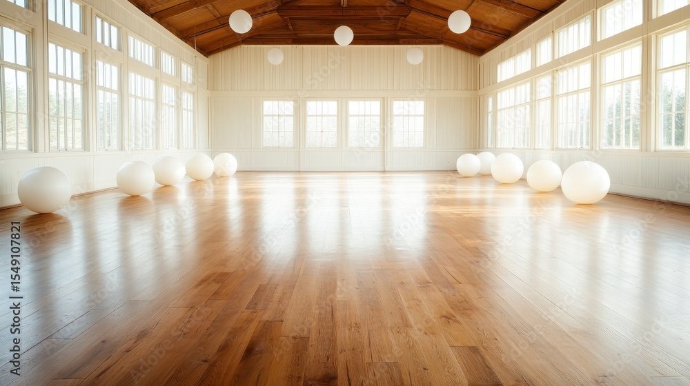 Poster this image features a bright and spacious hall adorned with wooden beams and ample natural light, cr