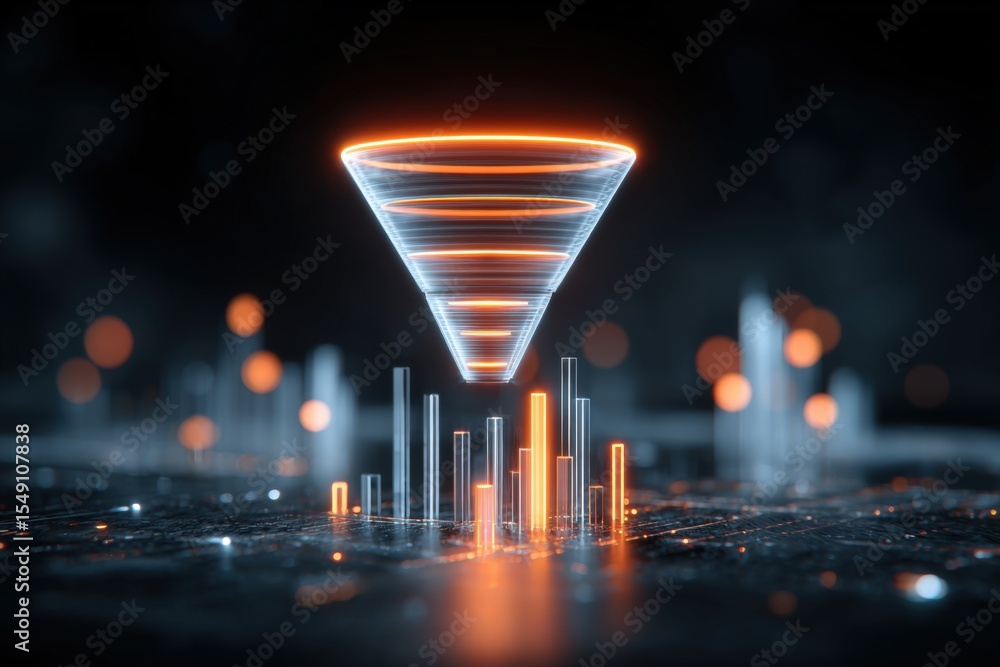 Poster futuristic hologram tornado with glowing cityscape data analytics visualization