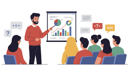Business strategy presentation for team meeting and data analysis vector illustration