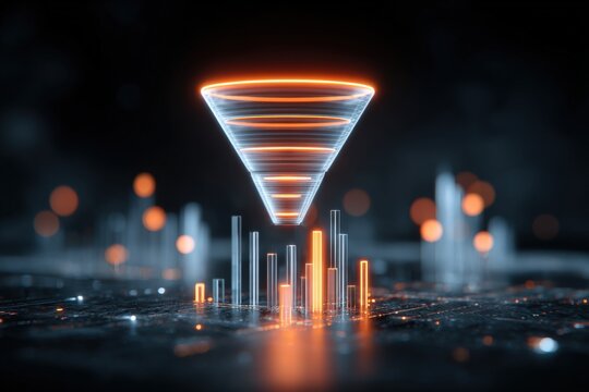 Futuristic hologram tornado with glowing cityscape data analytics visualization