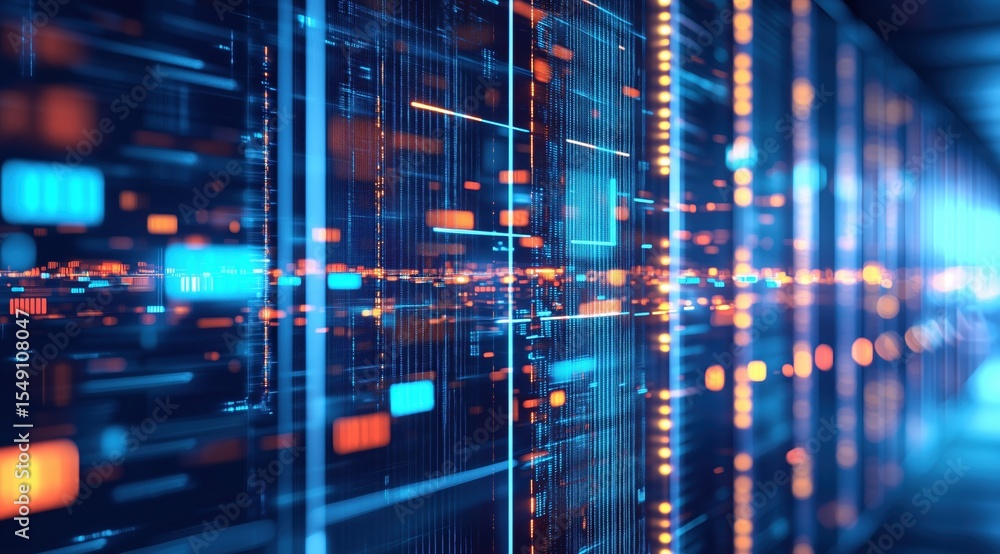 Poster digital matrix: abstract digital data streams flow across a vibrant matrix of glowing blue and orang