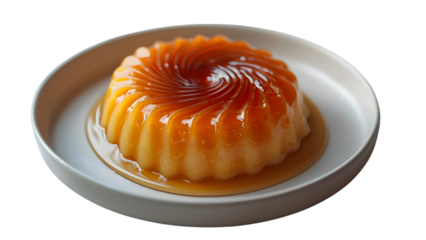 Creamy caramel flan with glossy golden topping on a simple white plate tempting dessert lovers transparent background 