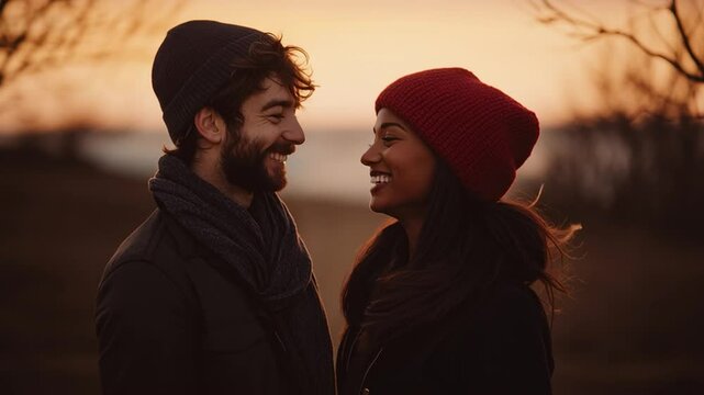 Young Mixed Race Couple in a Romantic Autumn Moment