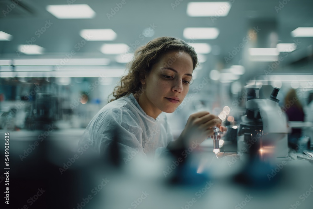 Poster scientist woman working in laboratory using microscope with focus and precision