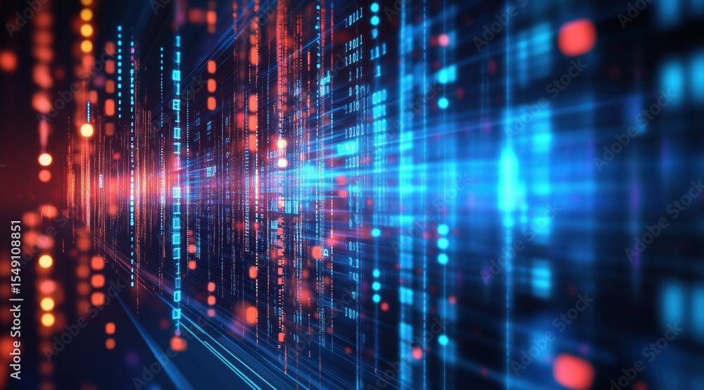 Poster digital data flow: a mesmerizing display of data streams, with electric blue and fiery orange hues c