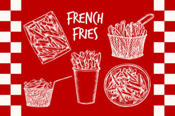 French fries, potato chips, fried slices sketch drawing illustration set. Outline drawing in engraving style, fast food hand-drawn vector clipart isolated