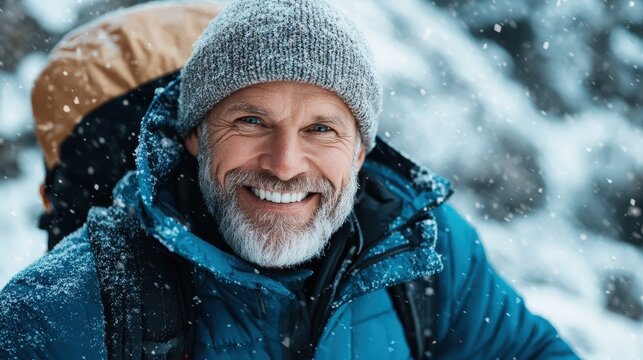 A cheerful older man with a gray beard is bundled up in winter attire, smiling broadly as snowflakes fall around him, embodying joy in outdoor winter activities and companionship.