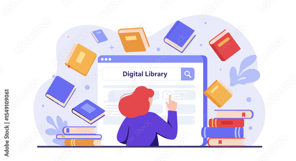 Poster digital library concept with books and user interface for education and online learning design vecto