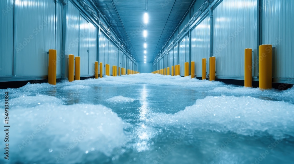 Poster an abstract view of a modern industrial hallway featuring a wet floor covered in foam, illuminated b