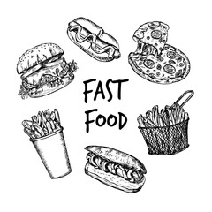 Fast food outline sketch illustration collection. Hot dog, burger, french fries, pizza in engraving style, hand drawn vector clipart isolated on white background