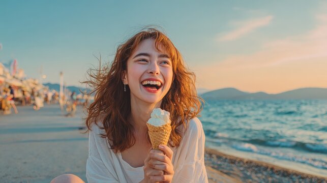 Bright joyful woman laughing at beach du sunset holding an ice cream cone - Powered by Adobe