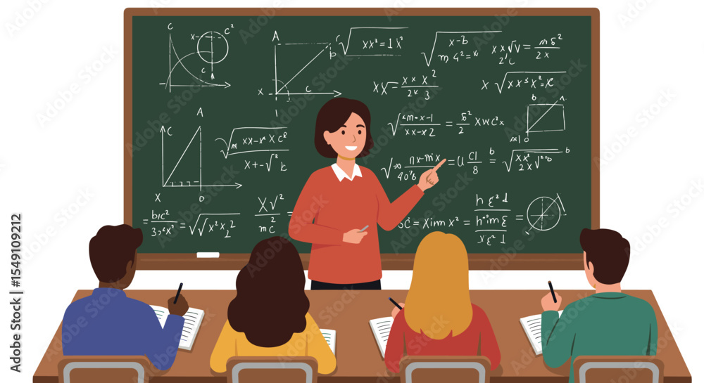 Aufkleber teacher explaining math concepts on chalkboard to attentive students in classroom setting vector ill