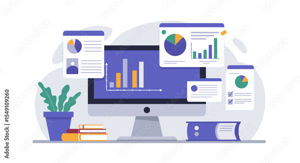 Poster data analysis and visualization concept with graphs and charts for business reports vector illustrat