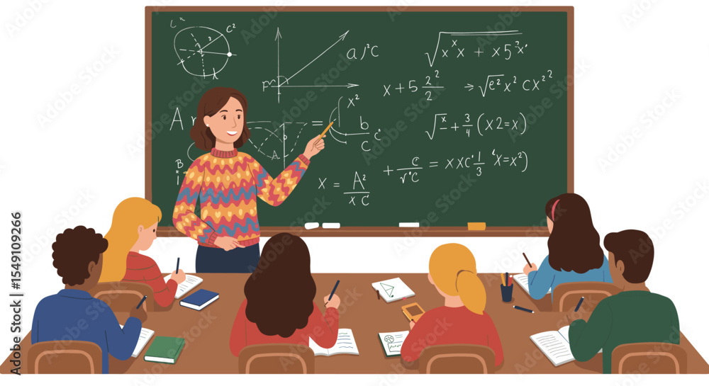 Aufkleber classroom mathematics lesson with teacher explaining algebra and geometry concepts on chalkboard vec