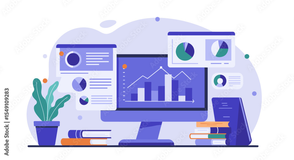 Poster data analysis visualization with bar graphs and charts for business presentation vector illustration