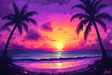 a painting of a sunset with palm trees