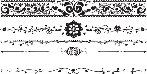 A set of decorative patterned borders, lines, and stripes. Hand drawn vector illustration