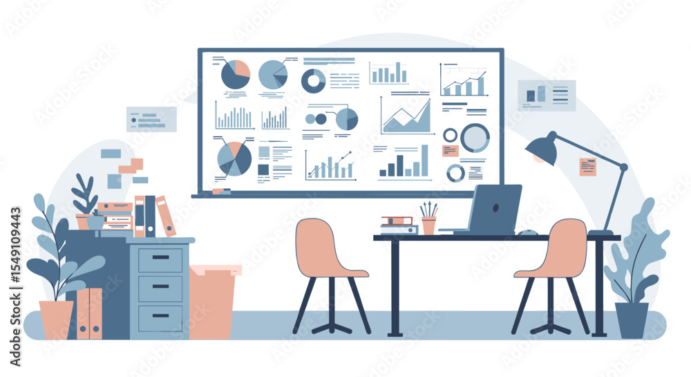 Poster office workspace with analytics dashboard for business analysis and productivity vector illustration