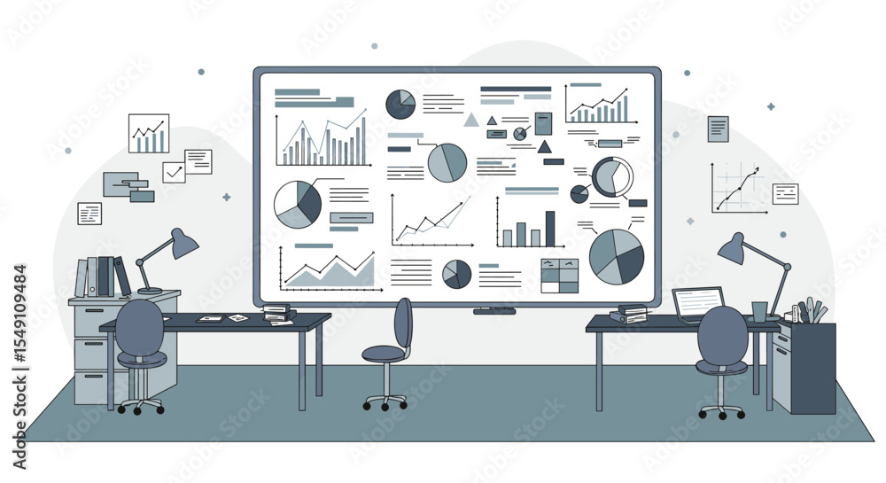 Poster data analysis and presentation in modern office workspace - design for infographics and reports vect
