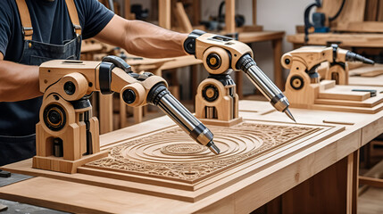 Mechanical arms carving traditional wooden furniture in a smart carpentry workshop, robotic chisels sculpting intricate patterns, Craftsmanship style