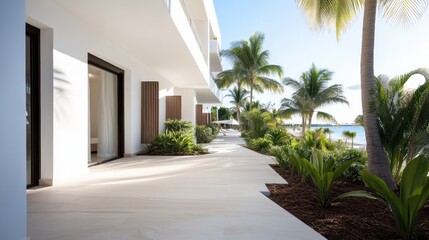 Fototapeta premium A serene view of a pathway surrounded by lush tropical plants and palm trees, inviting one to stroll peacefully, embodying relaxation and a tranquil escape from daily life.