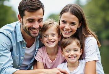 A cheerful family enjoys a sunny day by the river, sharing smiles and laughter. The parents embrace their two children, showcasing a bond of happiness and togetherness in nature Generative AI