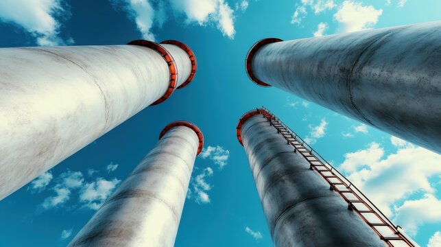 The image captures towering industrial chimneys against a vivid blue sky, showcasing the juxtaposition of man-made structures and nature's beauty in a modern setting. - Powered by Adobe