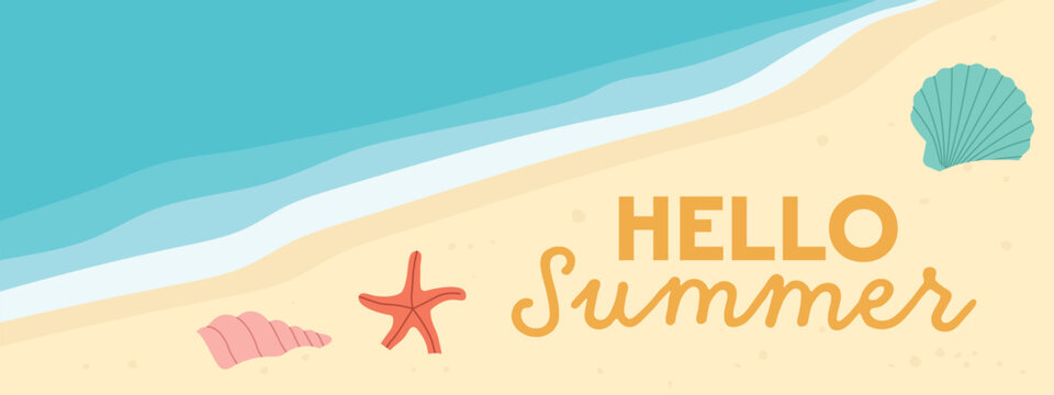 hello summer banner tropical beach and colorful sea shells; perfect for vacation-themed graphics, travel promotions, or seasonal marketing materials- vector illustration