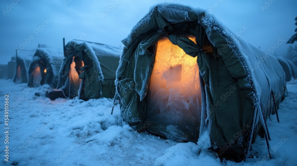 Poster illuminated tents shrouded in frost create a captivating scene under the winter sky, highlighting th