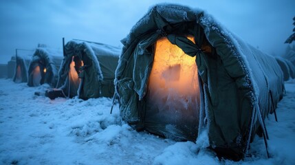 Illuminated tents shrouded in frost create a captivating scene under the winter sky, highlighting the resilience and adaptability of life in harsh conditions.