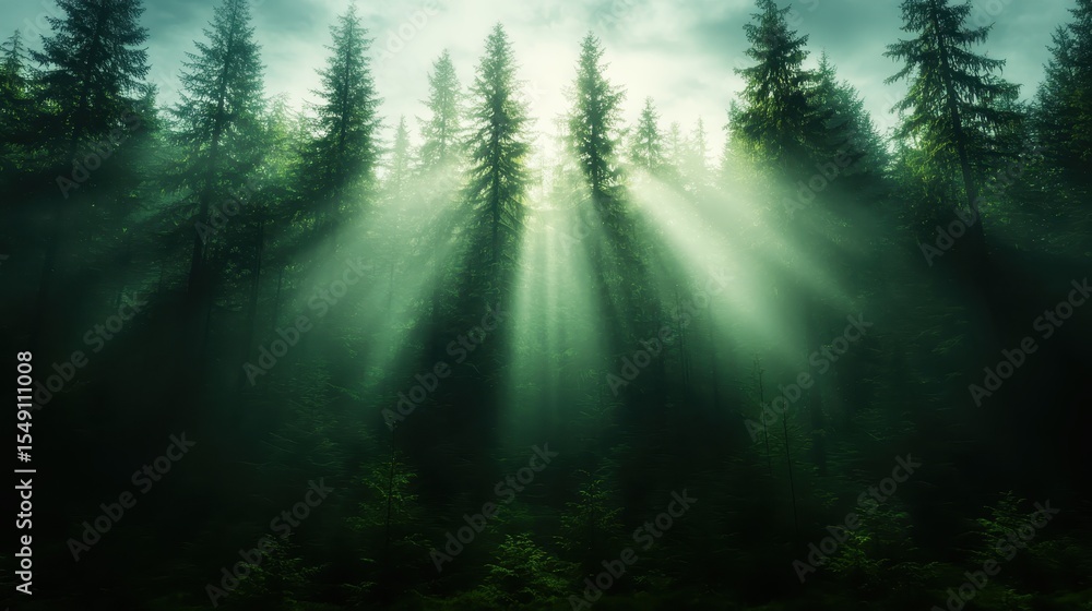 Poster a dense forest shrouded in mist, illuminated by ethereal rays of light peeking through the tall tree