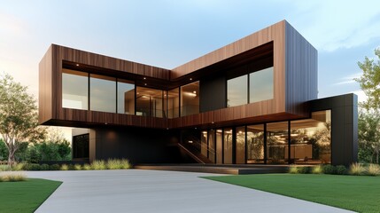A striking modern house featuring a sleek wooden exterior, large glass windows, and minimalist design, representing contemporary architecture and a stylish lifestyle aesthetic.