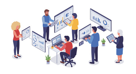 Collaborative office team analyzing data on digital screens for business strategy vector illustration