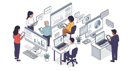 Fototapeta premium Collaborative data analysis and communication in a modern office environment vector illustration