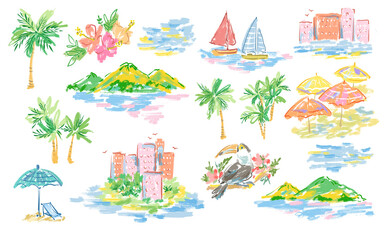 Hand-drawn pastel-themed summer clipart set. A hand-sketched resort illustrations with islands, the ocean, yachts, palm trees, beach umbrellas, hibiscus flowers, tropical buildings, and toucans.