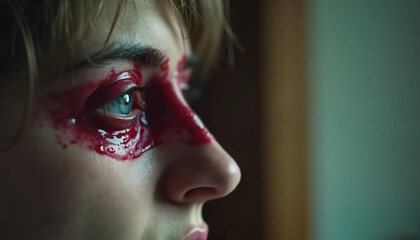 Young woman with artistic red face paint and intense expression indoors  