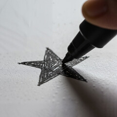 Hand drawing a star with a black marker on textured paper  